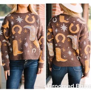 Agua Blues Brown Cowboy Print Sweater Size L